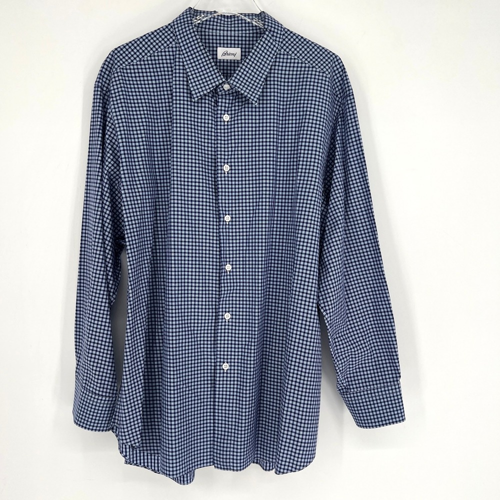 Brioni Shirt Mens 5XL Blue Plaid Classic Suiting Career Quiet Luxury‎ Gingham